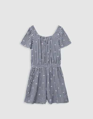 Combishort noir imprimé vichy et fleurs fille - IKKS