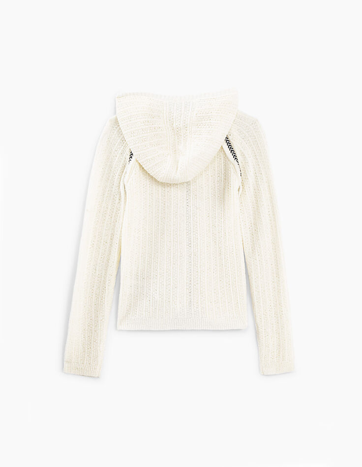 Girls&rsquo; ecru decorative knit hooded cardigan-3