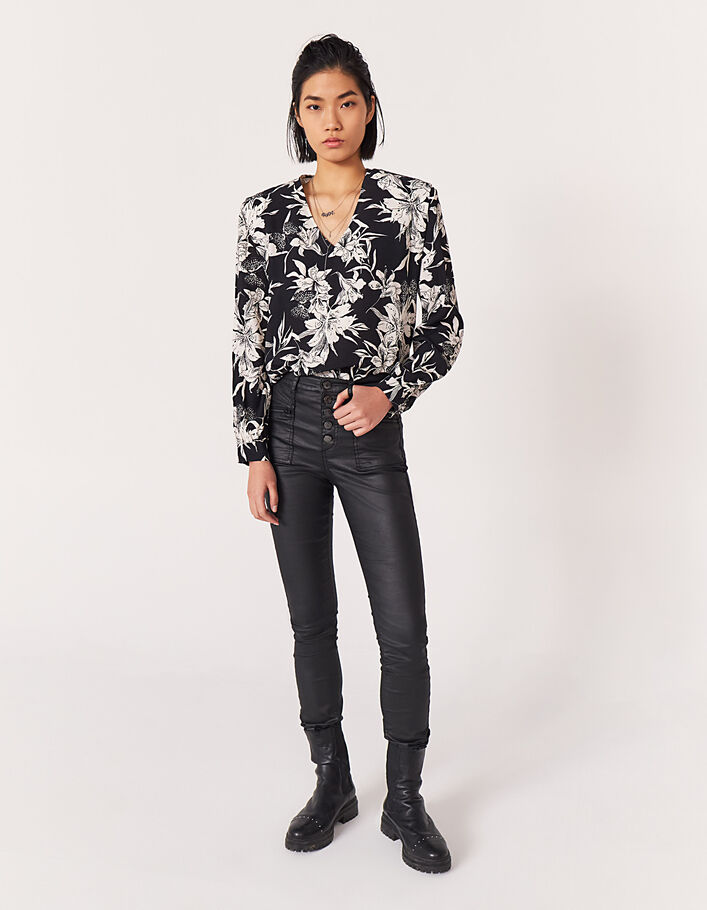 Schwarz-weiße Crêpe-Bluse mit Blumendruck für Damen-1