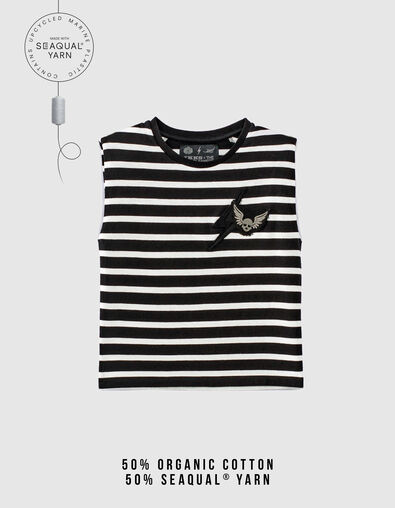 Girls’ black sailor top with ecru stripes and epaulets - IKKS