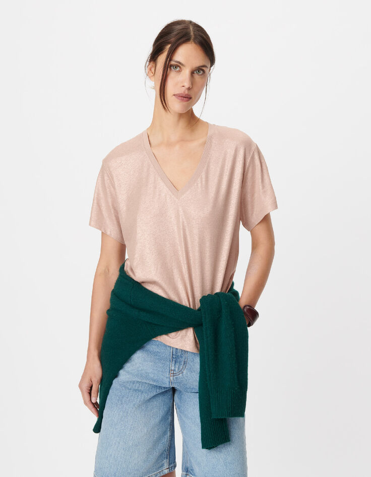 Tee-shirt col V beige dor&eacute; Femme-2