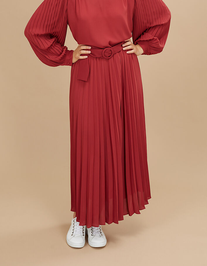 I.Code garnet red pleated long skirt with belt - I.CODE