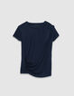 Tee-shirt manches courtes marine fronces c&ocirc;t&eacute;s Femme-5
