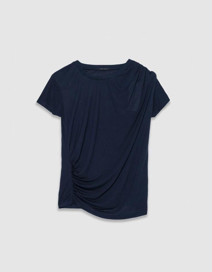 Tee-shirt manches courtes marine fronces c&ocirc;t&eacute;s Femme-5
