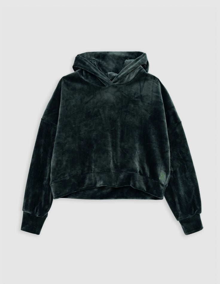 Gr&uuml;ner Samtstrick-Kapuzenpullover f&uuml;r M&auml;dchen-1