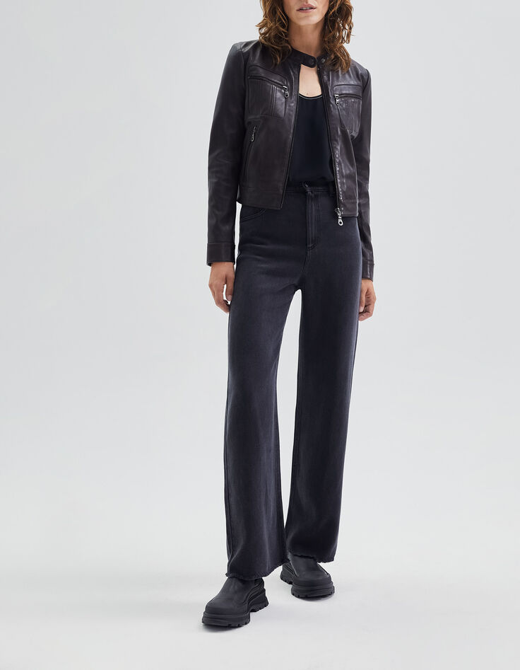 Women’s chocolate leather jacket with zipped pockets-5