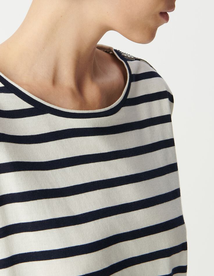 Oversized navy en wit matrozen T-shirt met schouderjuwelen Dames-4