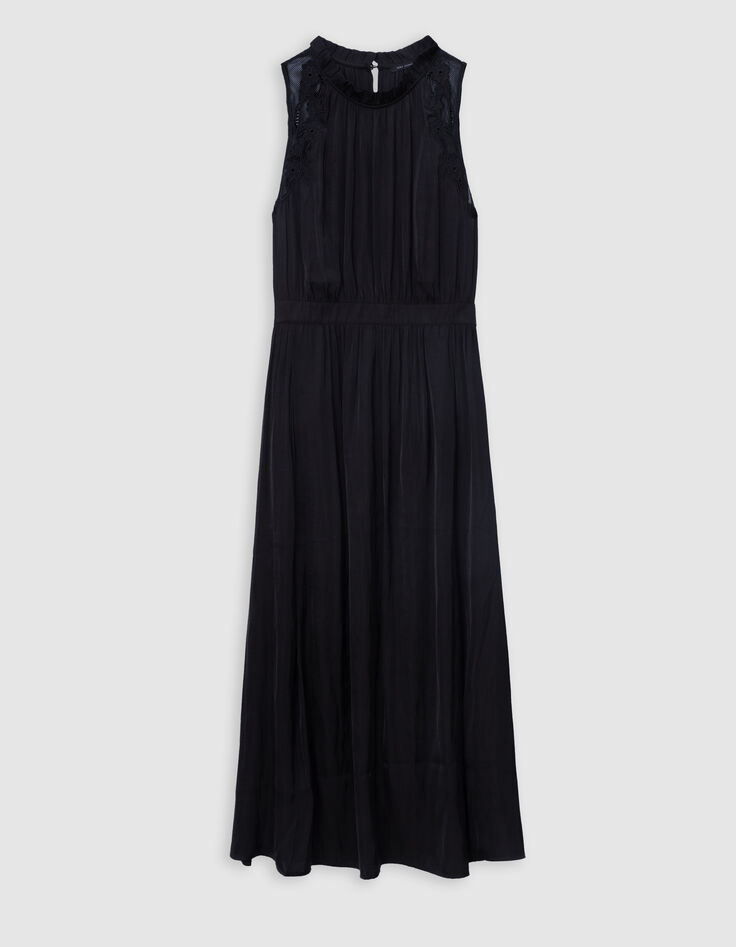 Robe longue noire effet froiss&eacute; avec dentelle Femme-5