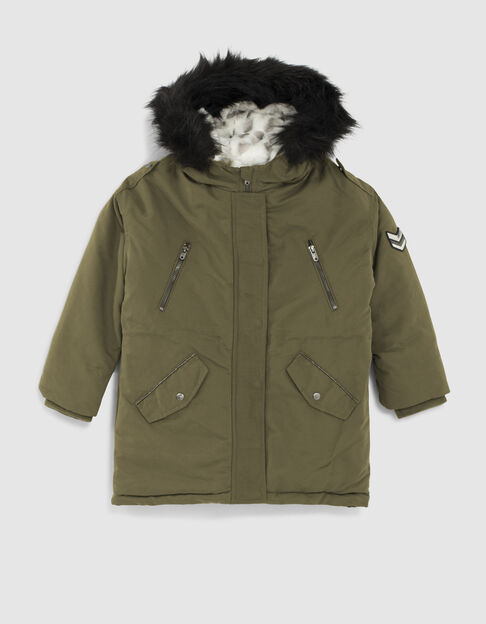 Girls’ khaki parka, camouflage lining on white background - IKKS