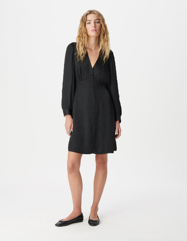 Women's short black satin dress with small buttons-1