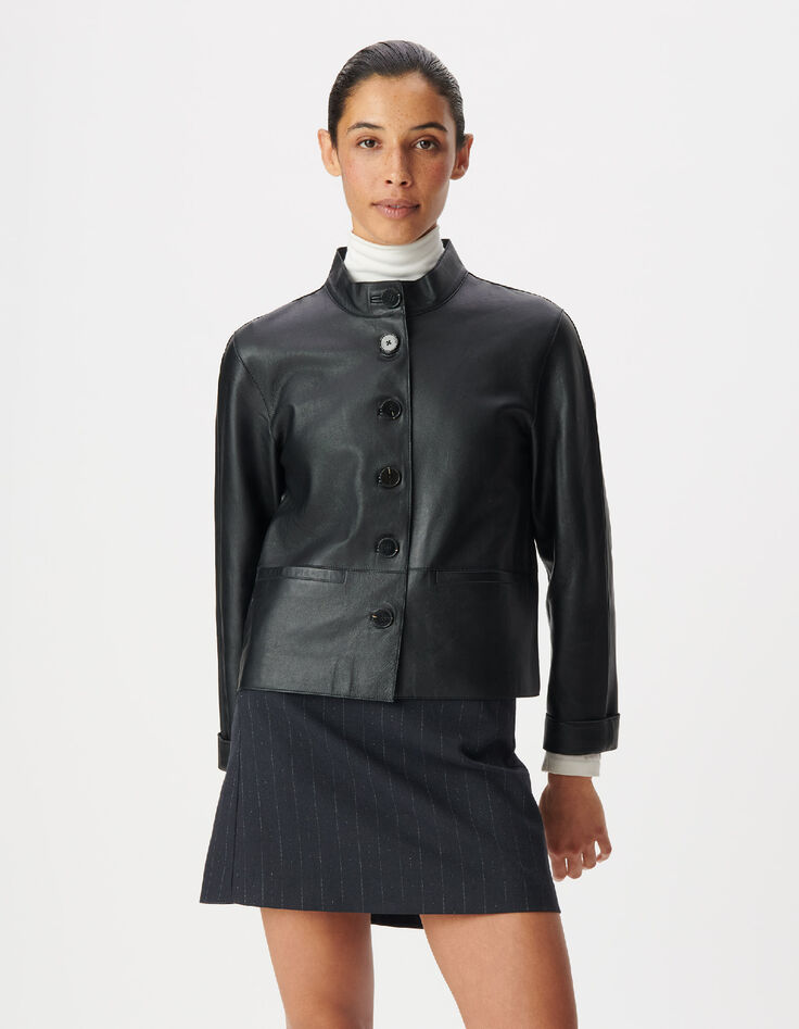 Women's black leather jacket with stand-up collar-5