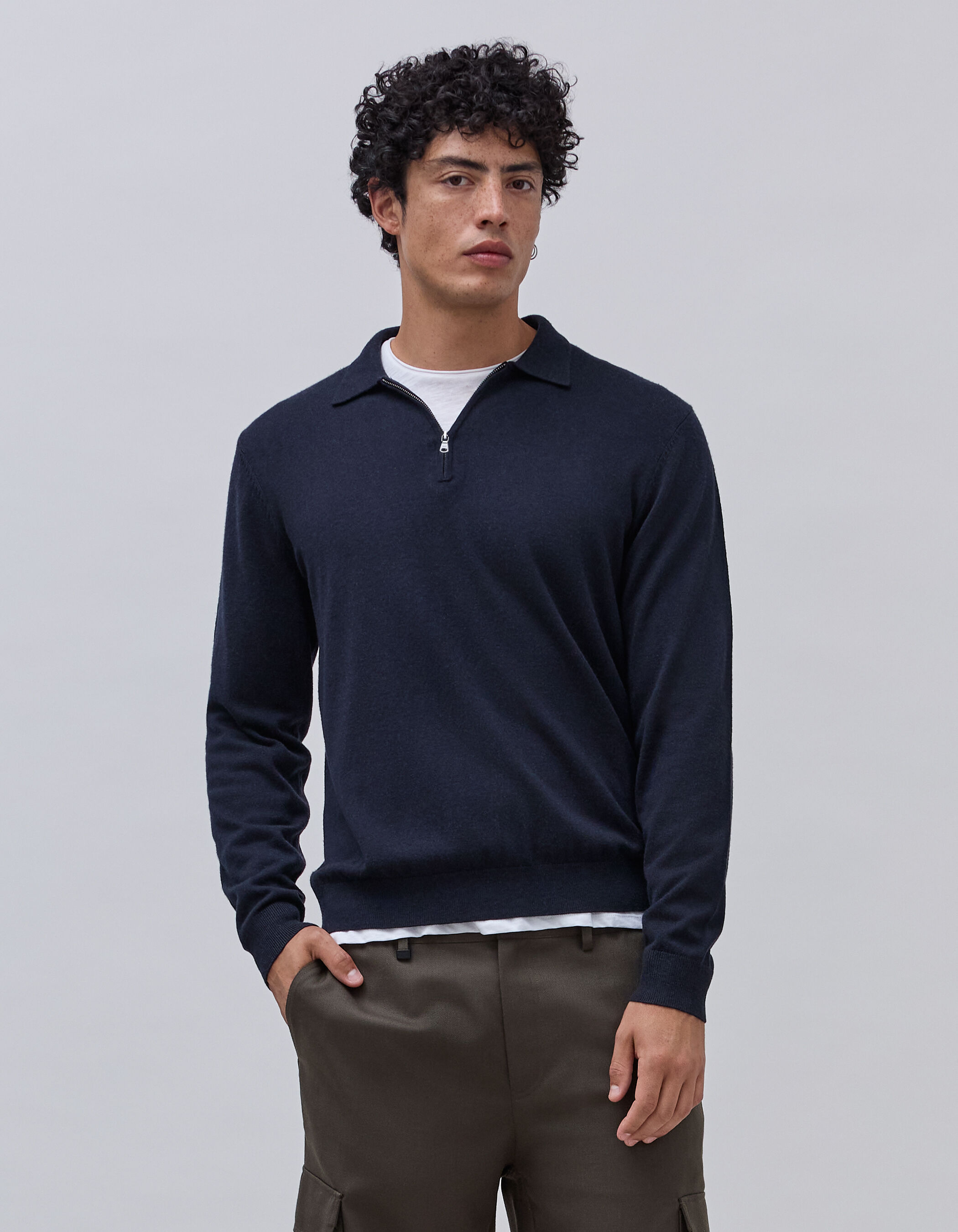 大切な人へのギフト探し Men's collar zip with polo knit navy トップス
