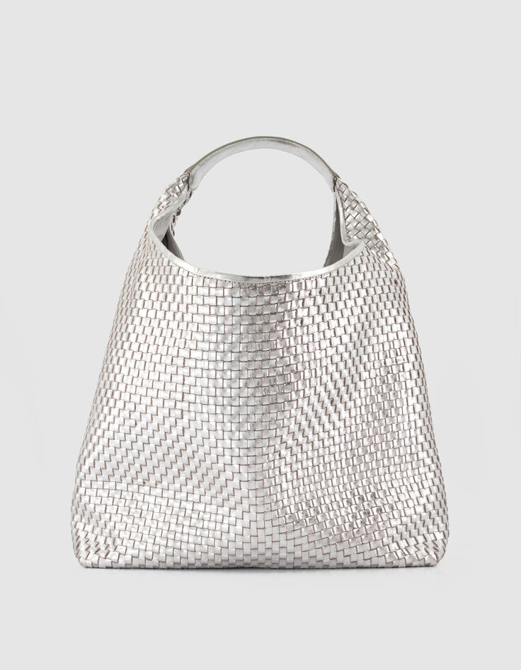 Sac Hobo argent&eacute; cuir tress&eacute; Taille L Femme-3