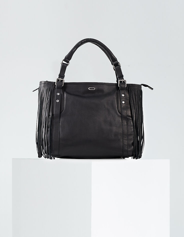 Women’s The Artist black leather bag + fringes -1