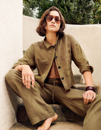 Chemise courte lin kaki brodé Femme - IKKS