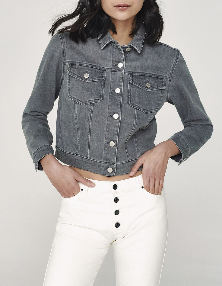 Women’s grey denim jacket embroidered on back-6