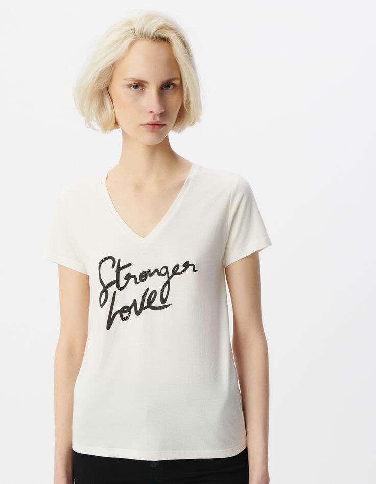 Tee-shirt manches courtes blanc message brodé Femme-2