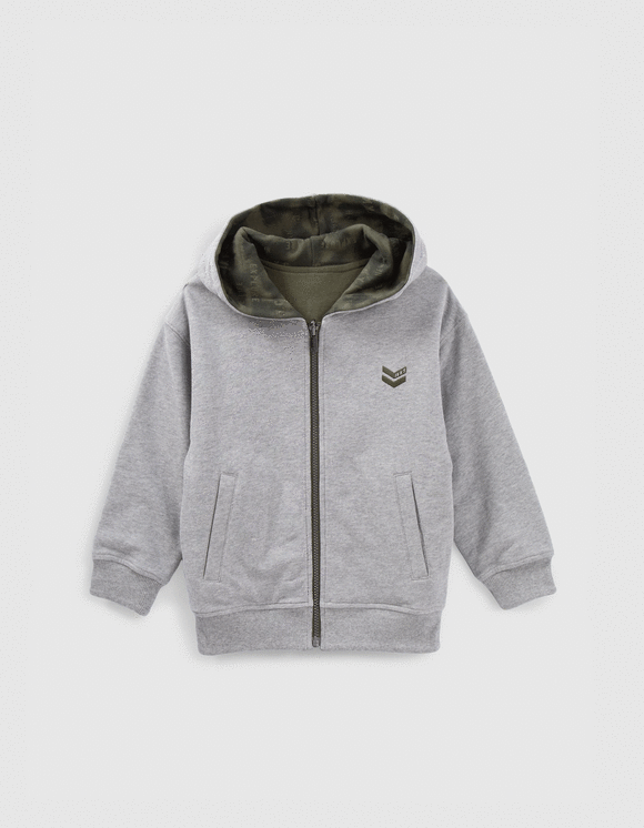 Cardigan réversible gris et kaki à capuche
