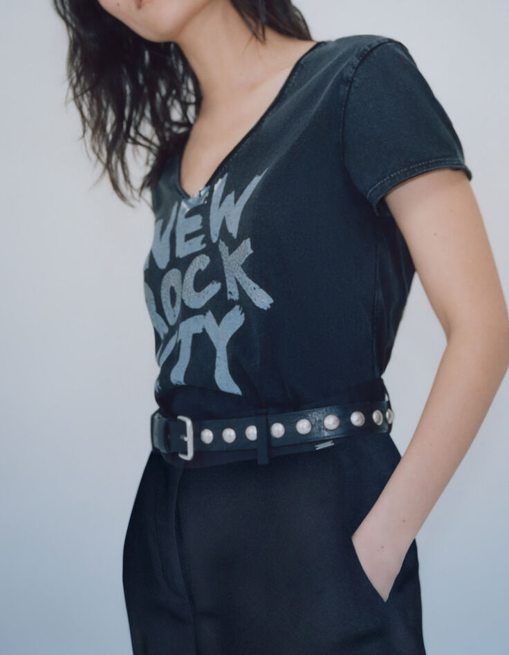 Women’s black T-shirt with Rock slogan and studs-1