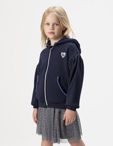 Marineblaue Mädchen-Kapuzenjacke Zip Spitzenbesatz - IKKS