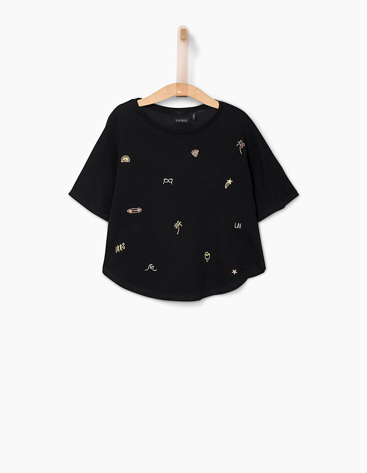 Tee-shirt-cape noir brodé fille-2