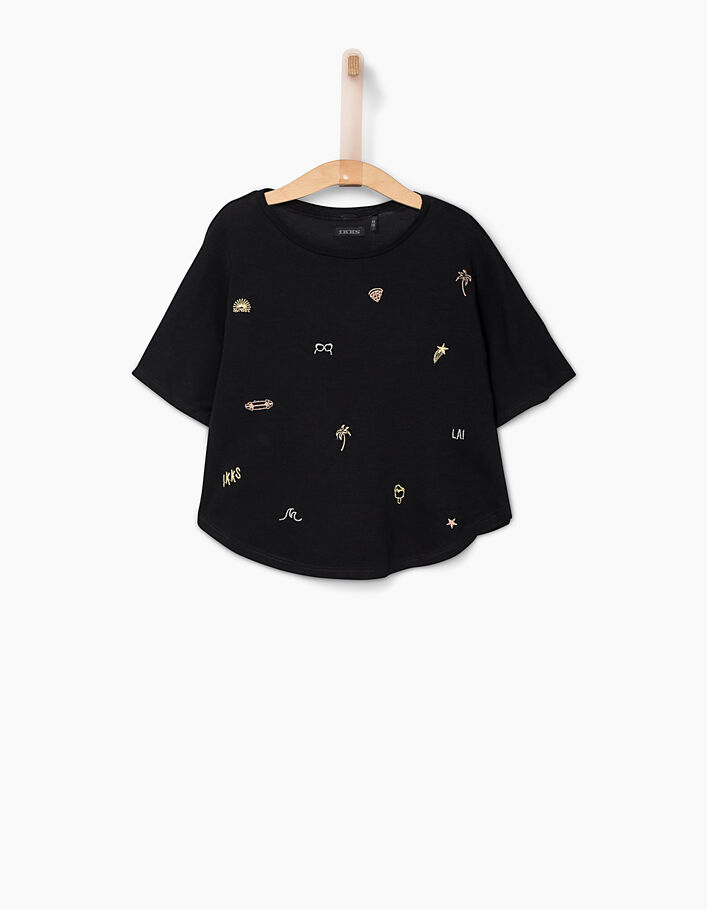 Schwarzes Mädchen-T-Shirt-Cape mit Stickerei - IKKS