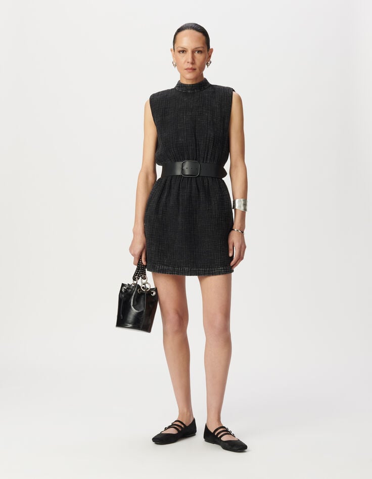Robe sans manches grise gaze de coton encolure V dos Femme-1 Robe sans manches grise gaze de coton encolure V dos Femme-1