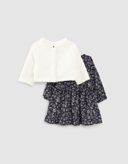 Baby girls’ navy 2-in-1 dress with plush cardigan