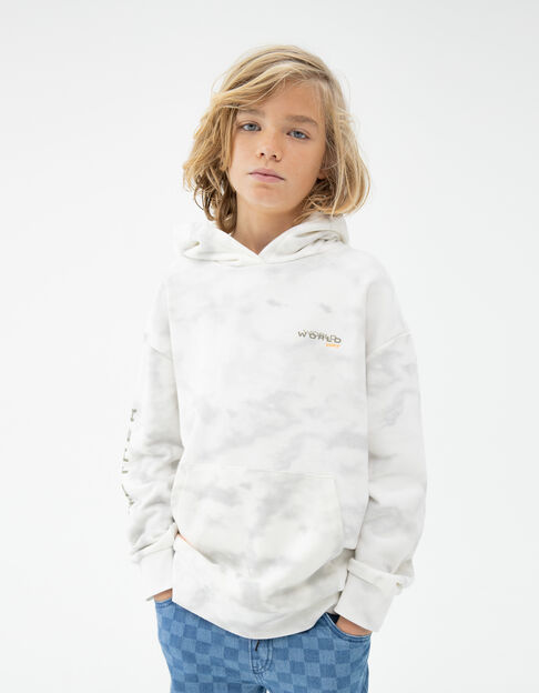 Boys’ light grey tie-dye hoodie with lettering on back