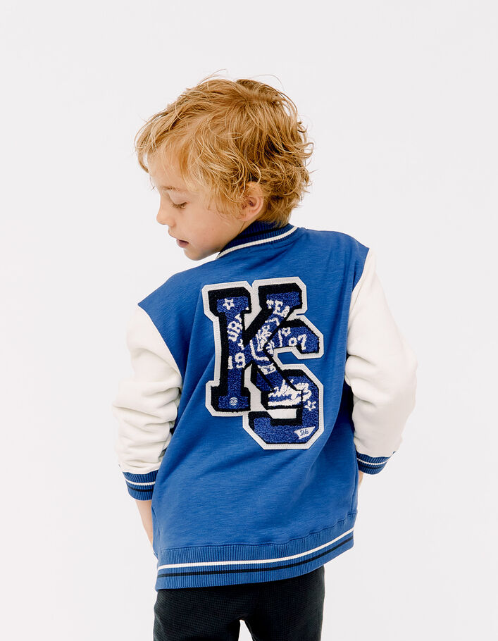 Boys’ blue and ecru baseball cardigan, XL embroidered back-1