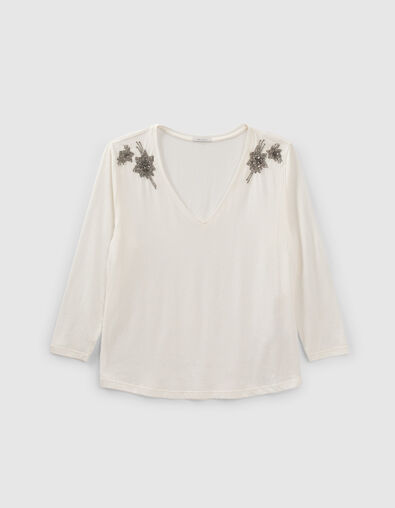 Women’s ecru cotton T-shirt, star-embroidered shoulders - IKKS