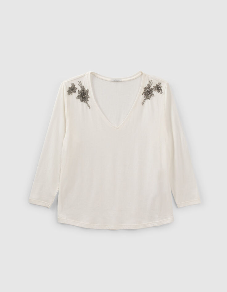 Women’s ecru cotton T-shirt, star-embroidered shoulders-1 Women’s ecru cotton T-shirt, star-embroidered shoulders-1