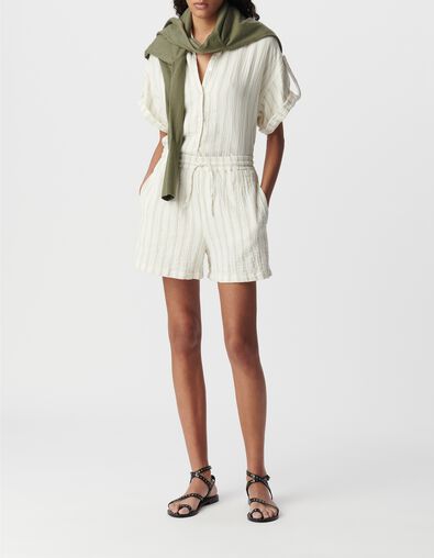 Short &eacute;cru gaze de coton rayures beiges Femme - IKKS