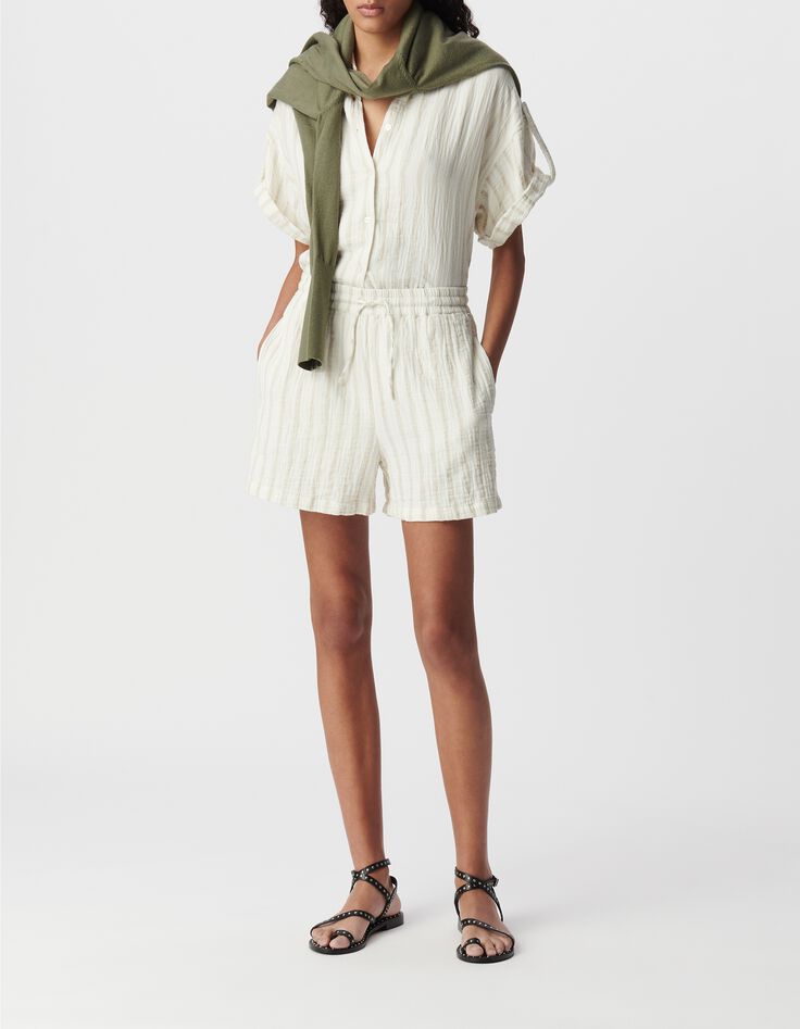 Short &eacute;cru gaze de coton rayures beiges Femme-1