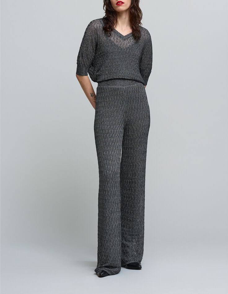 Pantalon gris maille fine graphique ajourée Femme-6