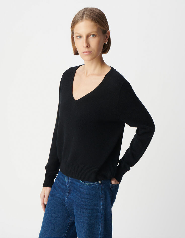 Damen Pullover mit V-Ausschnitt aus 100% Wolle, schwarzer Strick-2