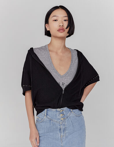 Women’s black beaded hooded short-sleeve cardigan - IKKS