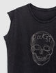 Tee-shirt gris t&ecirc;te de mort brod&eacute;e fils et strass Femme-6