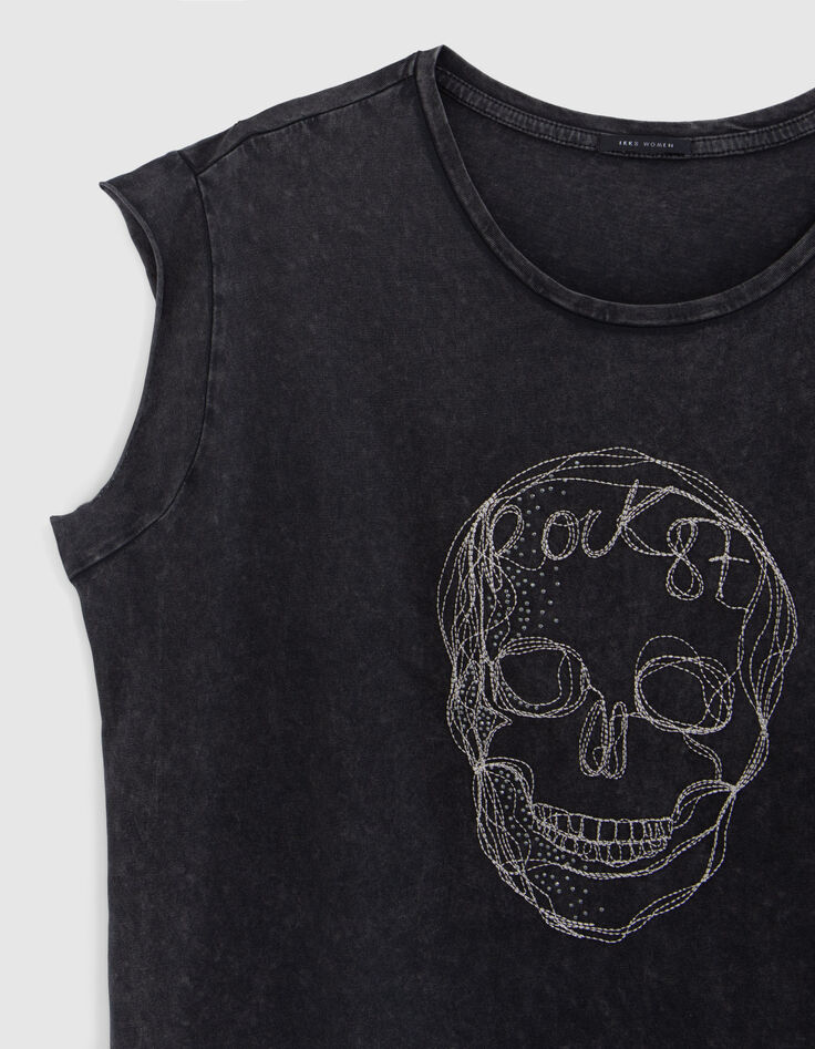 Tee-shirt gris t&ecirc;te de mort brod&eacute;e fils et strass Femme-6