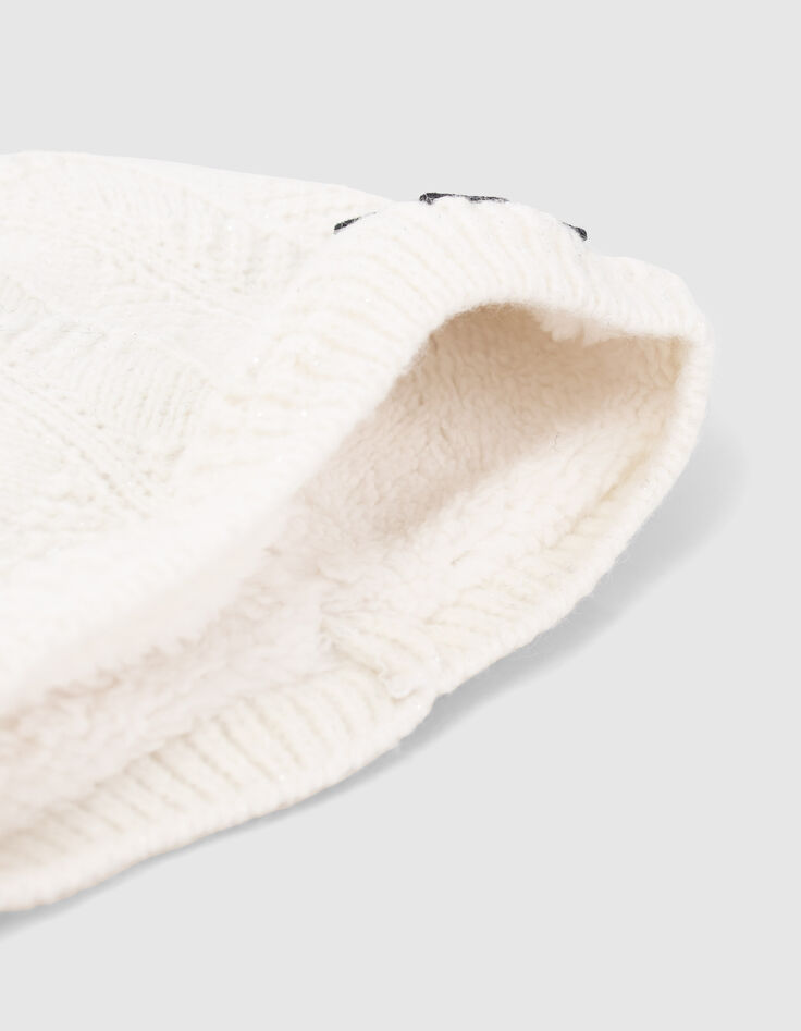 Cremeweiße Mädchenmütze mit Lurex-Strick und Troddel-4