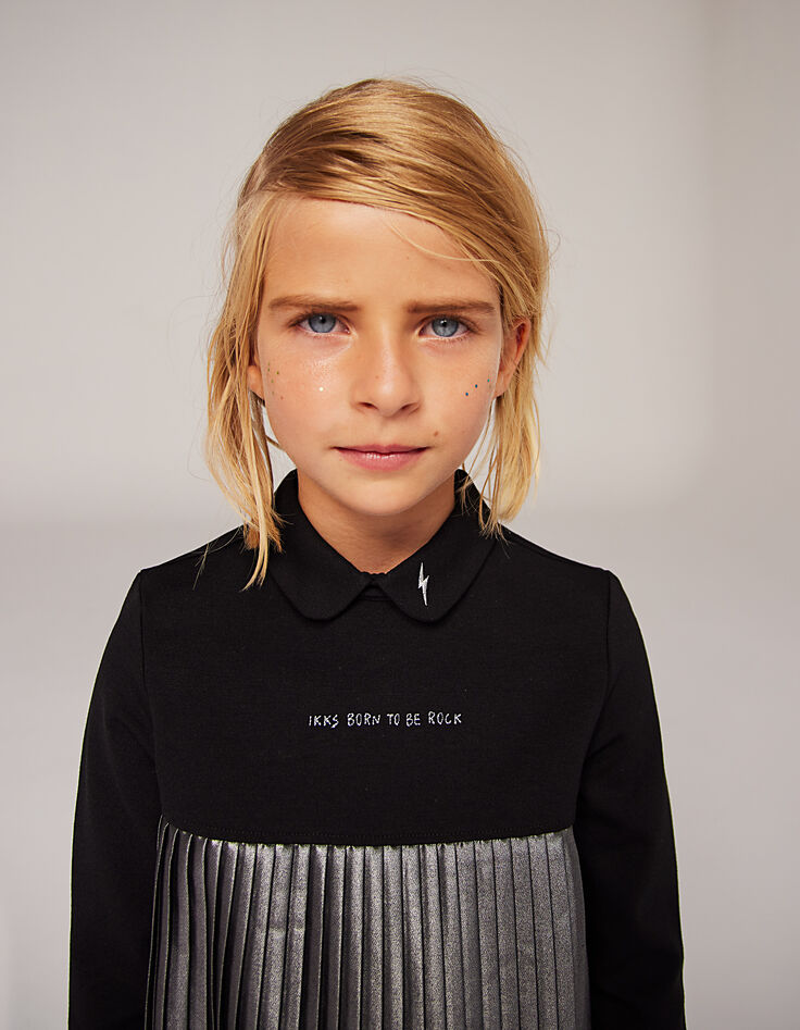 Robe courte noire et argent bi matière plissée fille-1