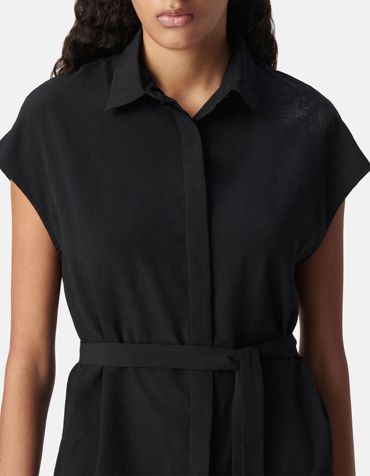 Vestido camisero negro de mujer de poli&eacute;ster reciclado con estampado de pedrer&iacute;a-5