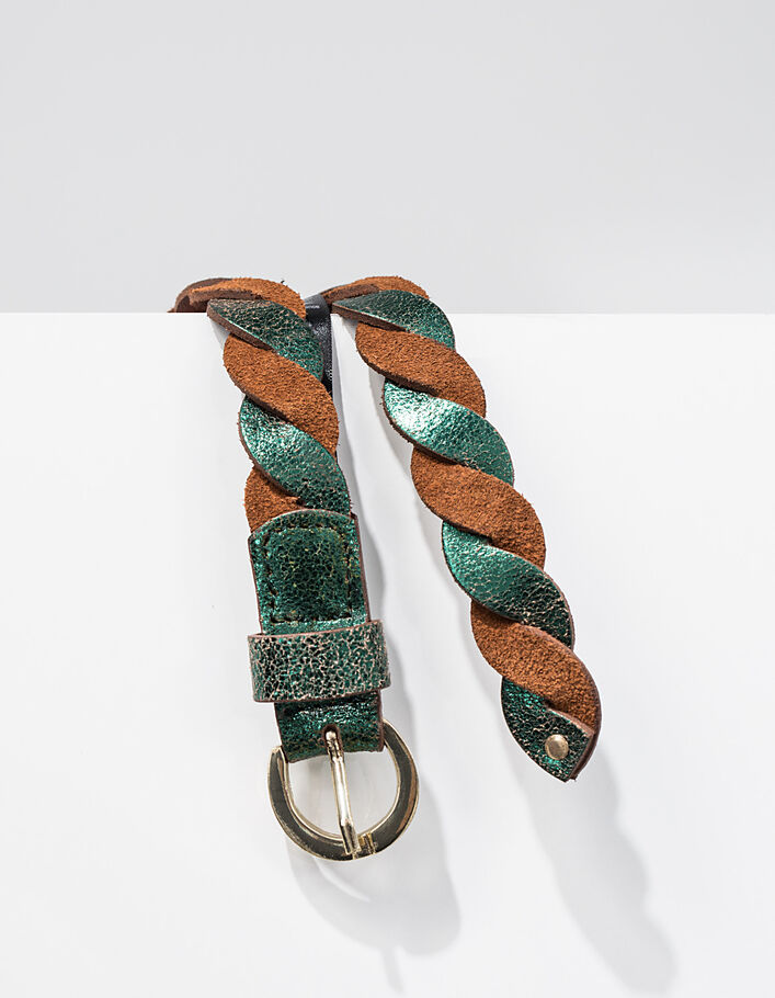 Cinturón coñac y verde metalizado de cuero trenzado I.Code - IKKS