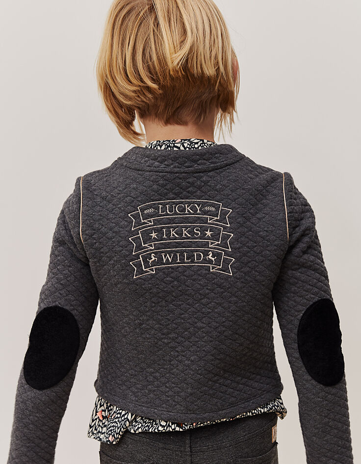Cardigan gris matelassé broderie lurex dos fille-1 Cardigan gris matelassé broderie lurex dos fille-1