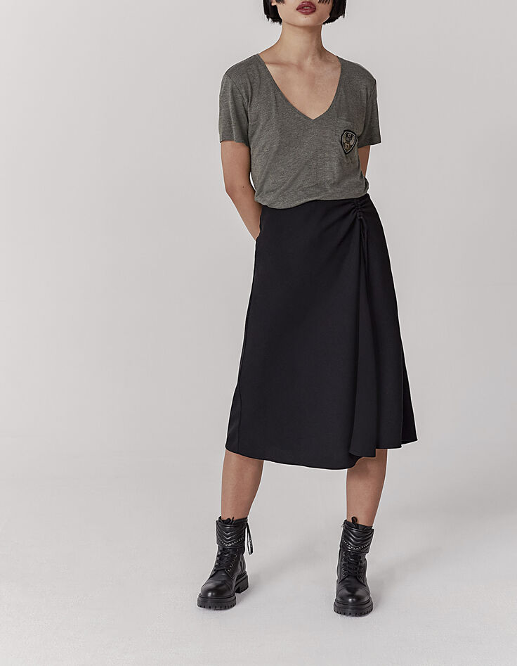 Tee-shirt kaki métallisé badge et poche poitrine femme-1