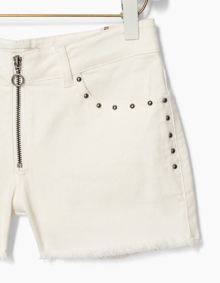 Short blanc cassé à clous, zip et bas frangés fille-2