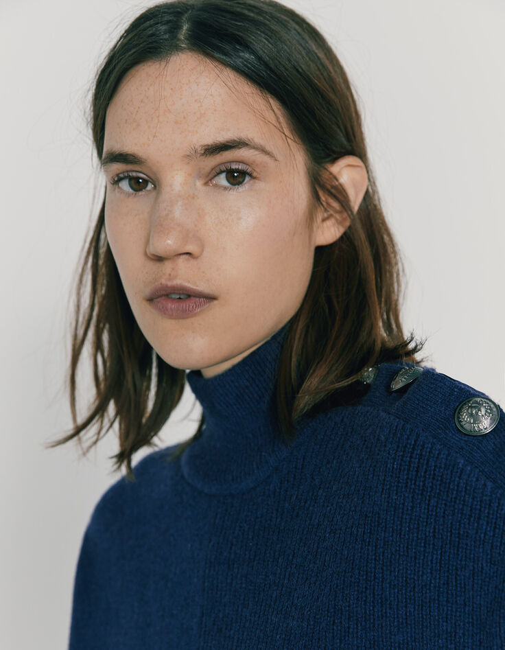 Pull col montant en laine bleu marine boutons épaule femme-4
