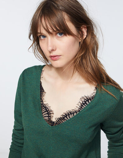Pull prusse maille tricot encolure V apport dentelle femme - IKKS