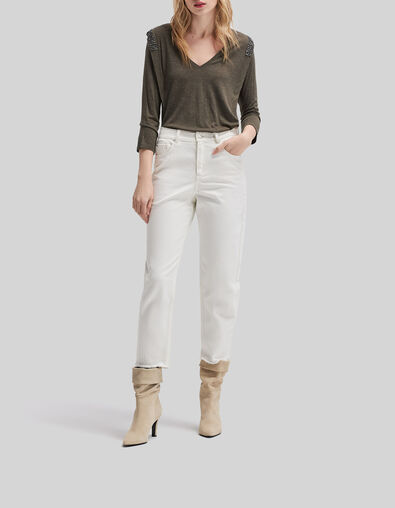 Dames-T-shirt met V-hals en strassteentjes in kaki viscose - IKKS