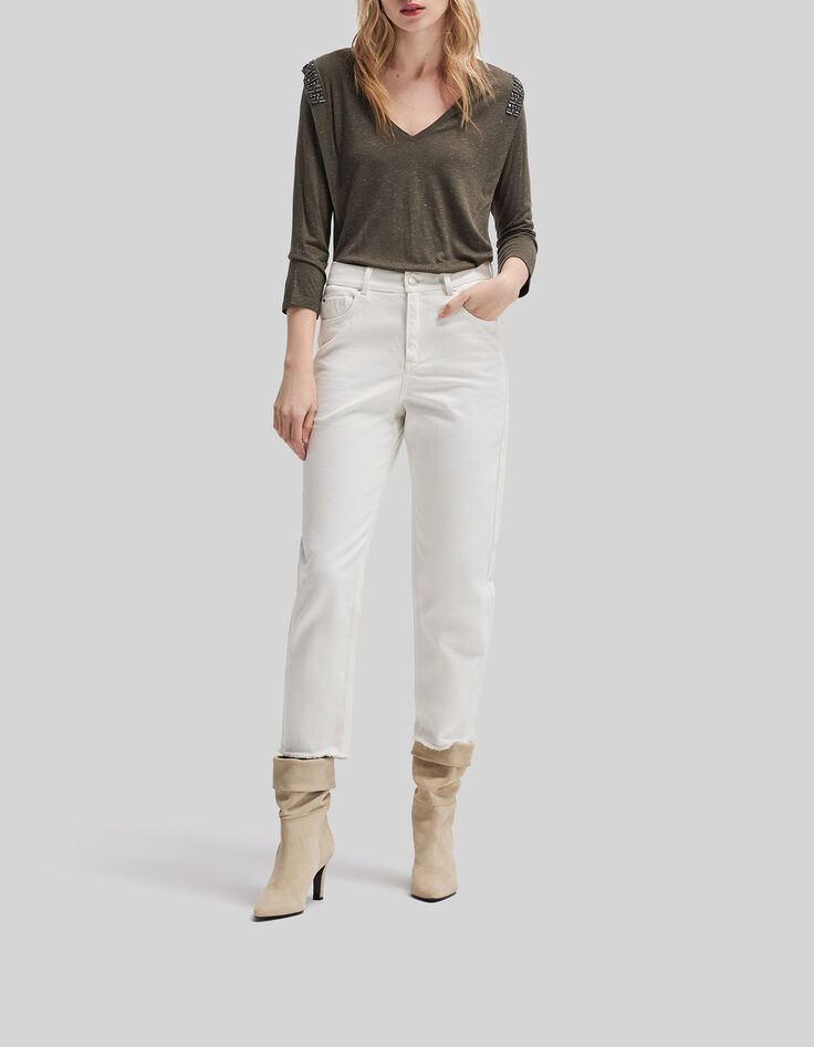 Dames-T-shirt met V-hals en strassteentjes in kaki viscose-1